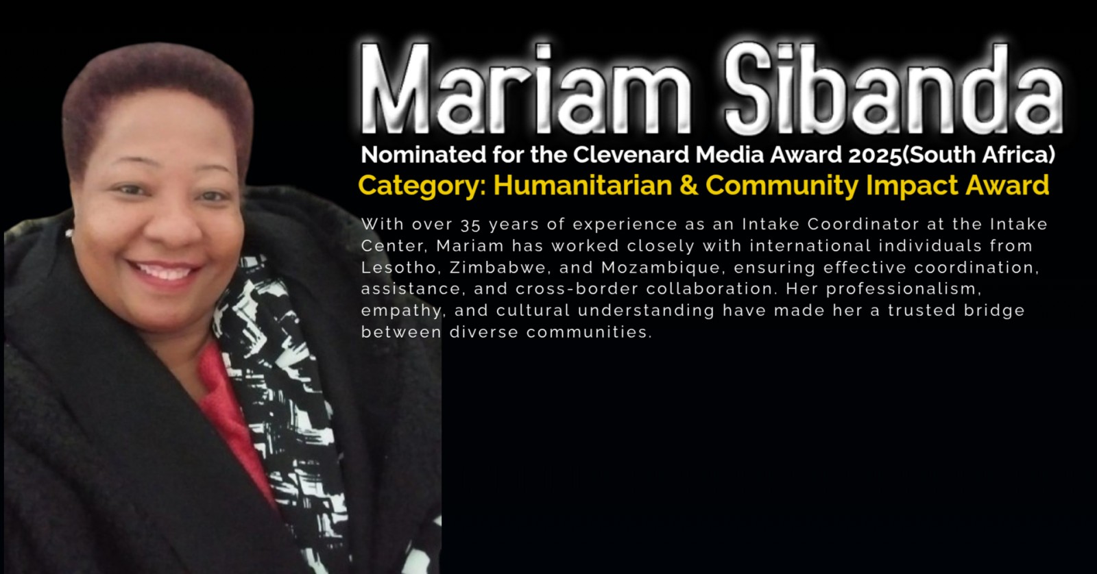 Mariam Sibanda Nominated for the Clevenard Media Award 2026 in the Free State, South Africa