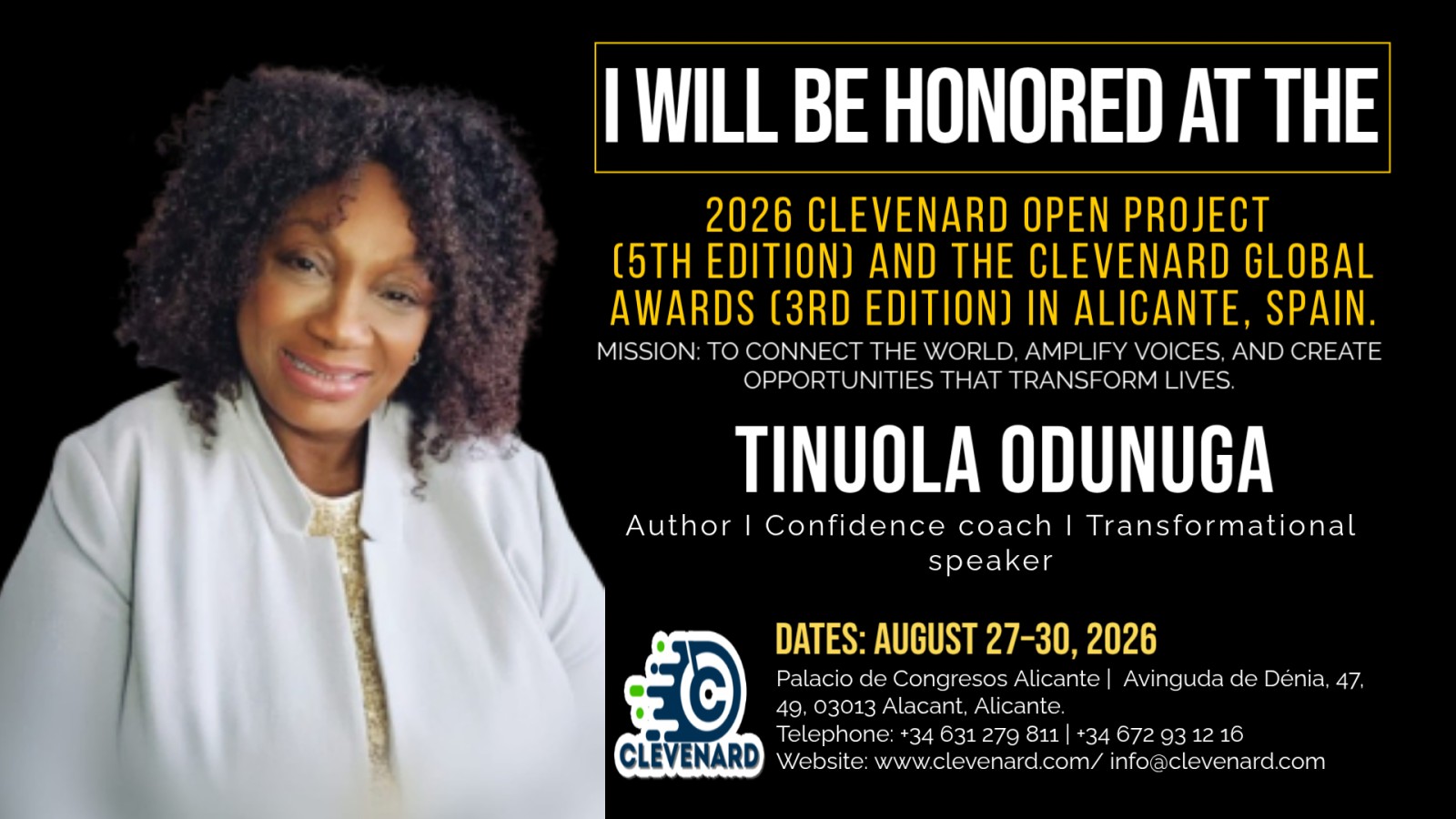 Clevenard to Honour Tinuola Odunuga at the 2026 Clevenard Open Project & Clevenard Global Awards in Alicante, Spain