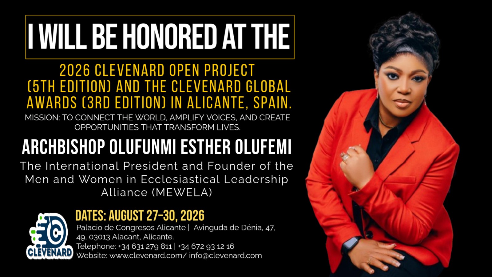 Clevenard to Honour Archbishop Olufunmi Esther Olufemi, LLB, LLM (HRL), at the 2026 Clevenard Open Project & Clevenard Global Awards in Alicante, Spain