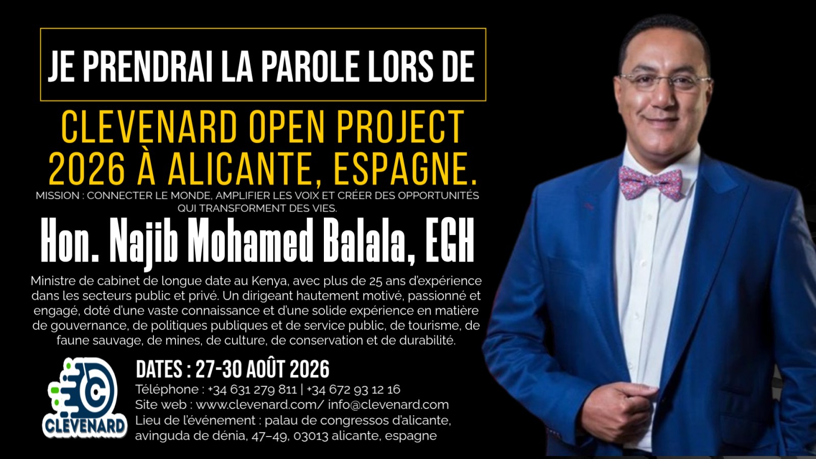 L’Hon. Najib Mohamed Balala, EGH, sera la tête d’affiche et recevra un Prix international de leadership lors du Clevenard Open Project 2026 à Alicante, Espagne