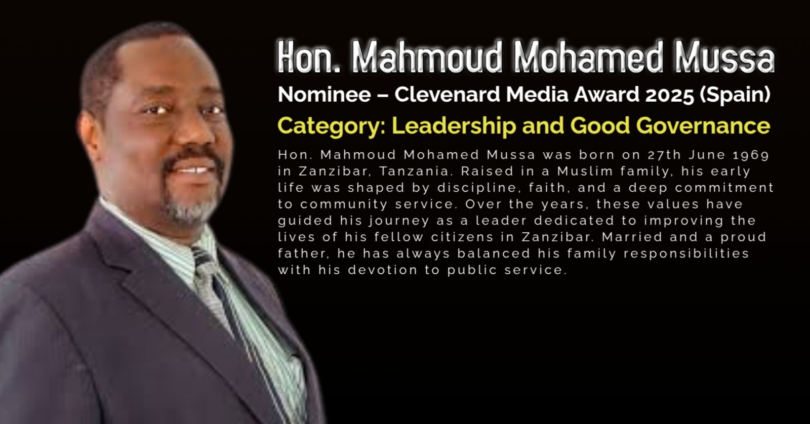 Hon. Mahmoud Mohamed Mussa Nominated for the 2025 Clevenard Media Award in Leadership and Good Governance
