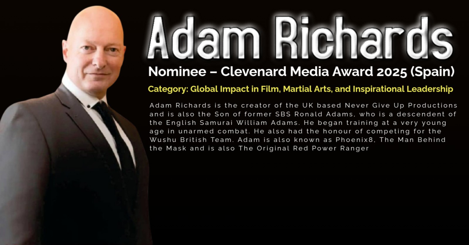 Adam Richards Nominated for the Clevenard Media Award 2025, Category: Global Impact in Film, Martial Arts, and Inspirational Leadership