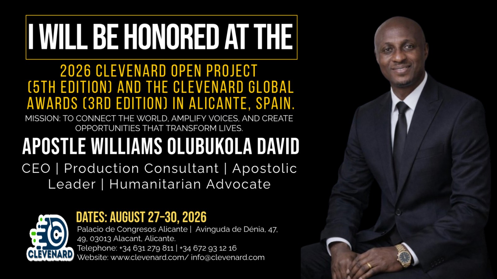 Clevenard to Honour Apostle Williams Olubukola David at the Clevenard Open Project 2026 – 5th Edition and Clevenard Global Awards – 3rd Edition in Alicante, Spain