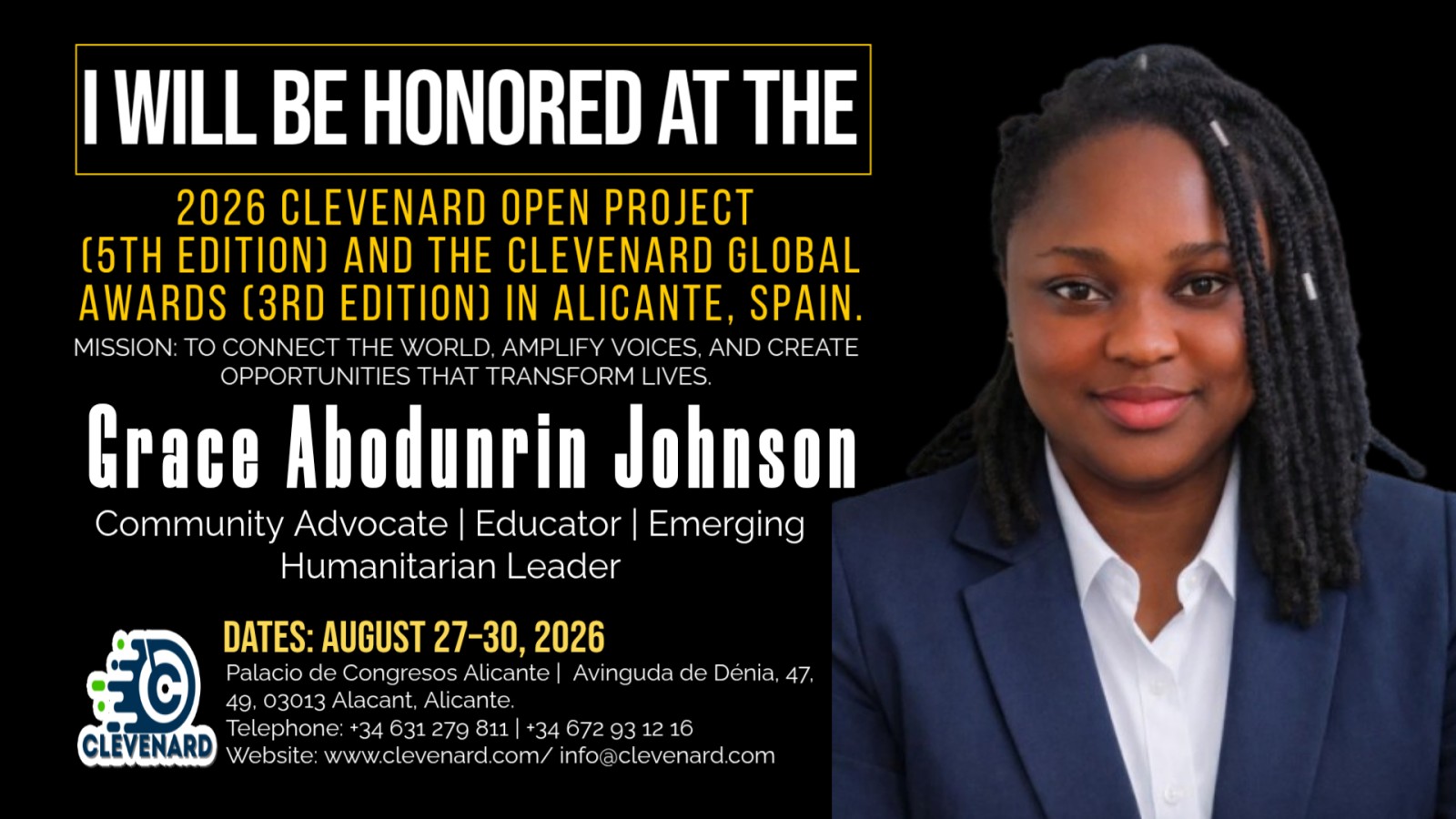 Clevenard to Honour Grace Abodunrin Johnson at the 2026 Clevenard Open Project 5th Edition and Clevenard Global Awards – 3rd Edition in Alicante, Spain