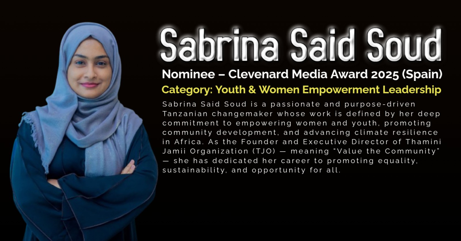 SABRINA SAID SOUD NOMINATED FOR THE CLEVEnARD MEDIA AWARD 2025 IN THE CATEGORY OF “YOUTH & WOMEN EMPOWERMENT LEADERSHIP”