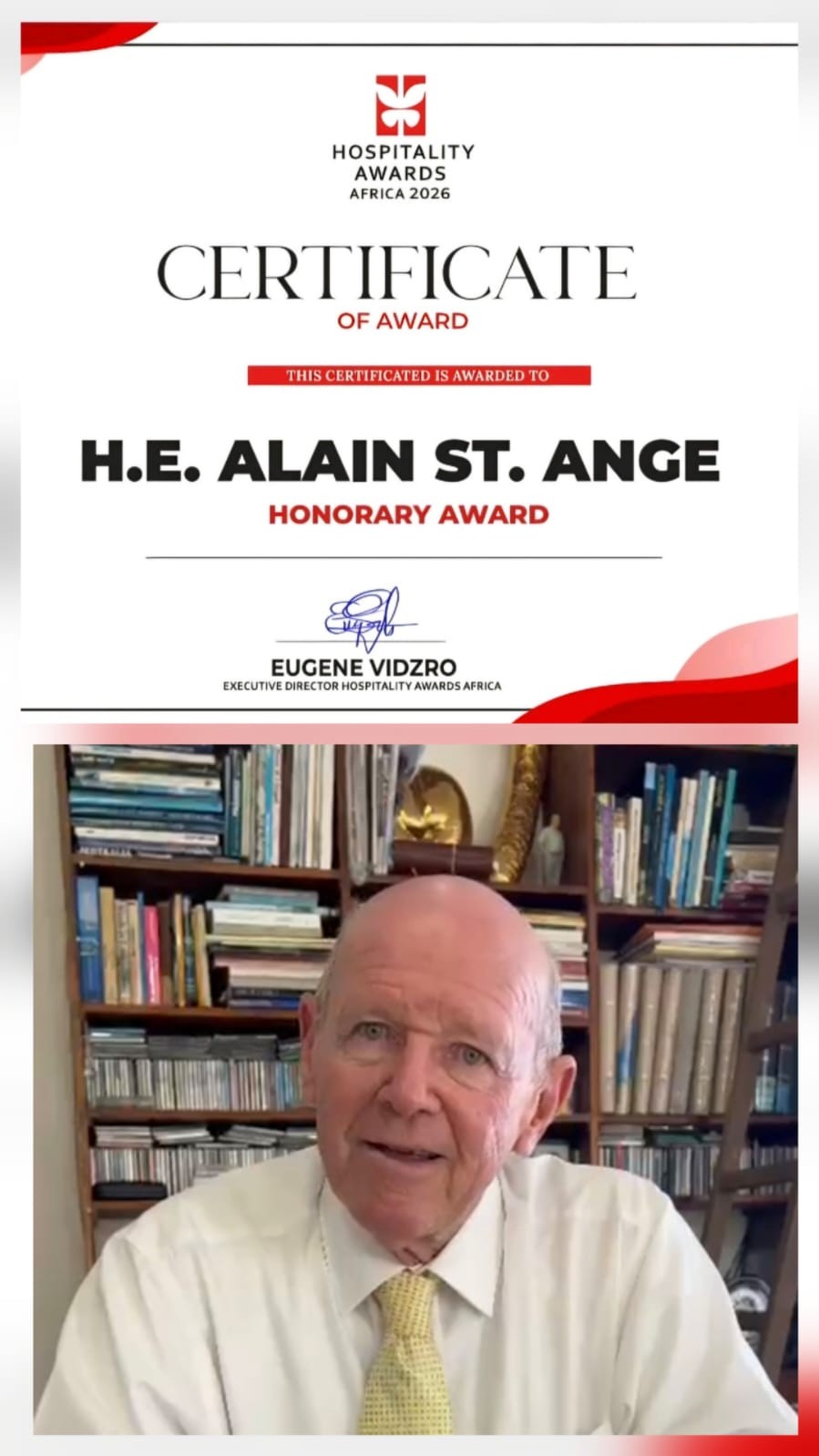 ALAIN ST.ANGE OF SEYCHELLES AWARDED 'HONORARY AWARD' BY HOSPITALITY AWARDS AFRICA AT LAGOS EVENT IN NIGERIA