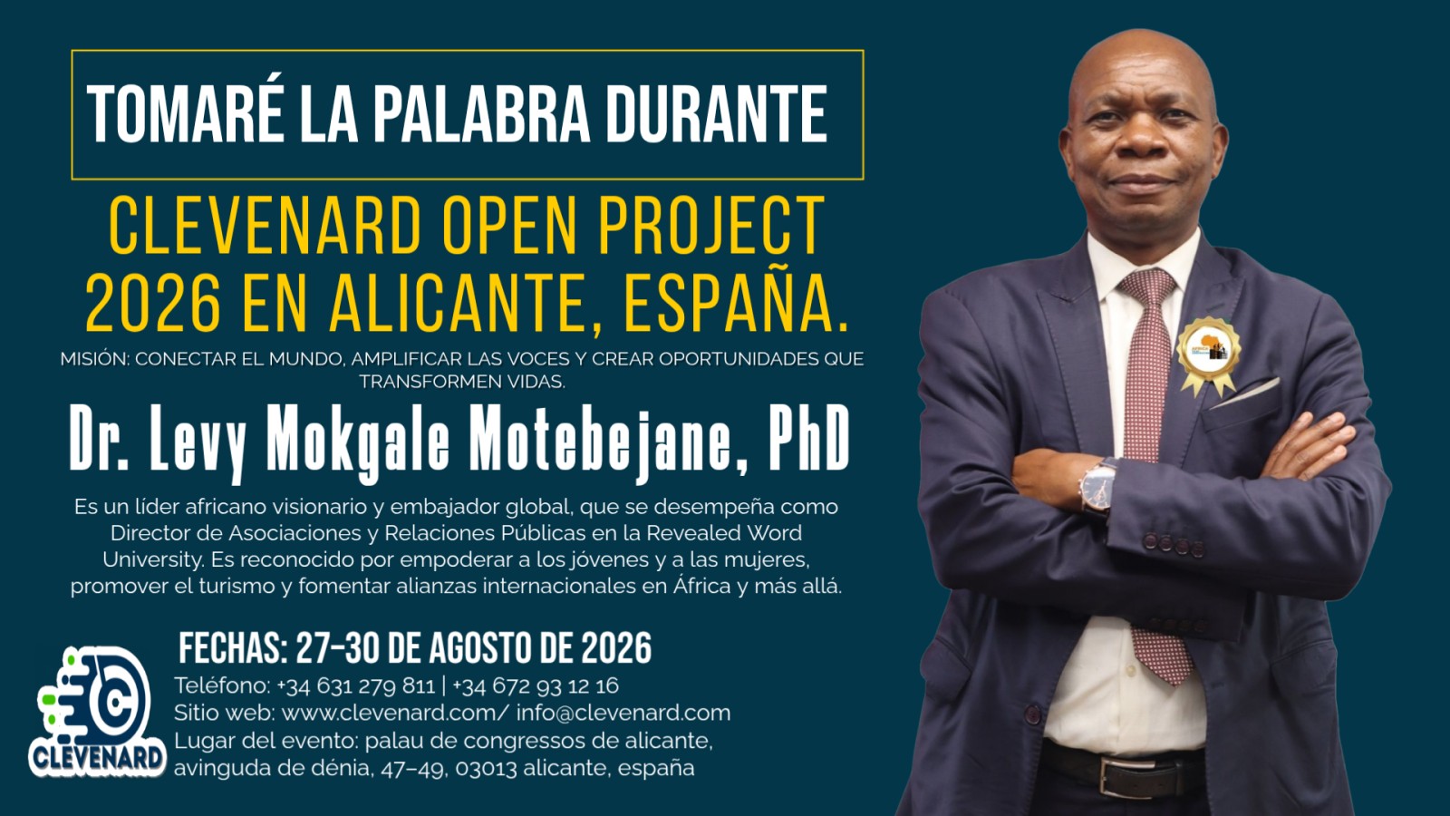 El Embajador Dr. Levy Mokgale Motebejane, PhD, ofrecerá la conferencia magistral y recibirá un prestigioso Premio Honorífico en el Clevenard Open Project 2026 en Alicante, España
