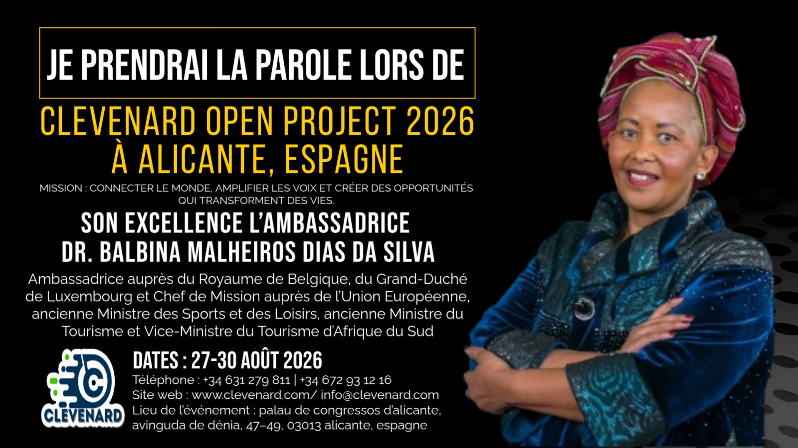 Son Excellence l’Ambassadrice Dr Tokozile Xasa-Sibotoboto sera la tête d’affiche du Clevenard Open Project 2026 à Alicante, Espagne
