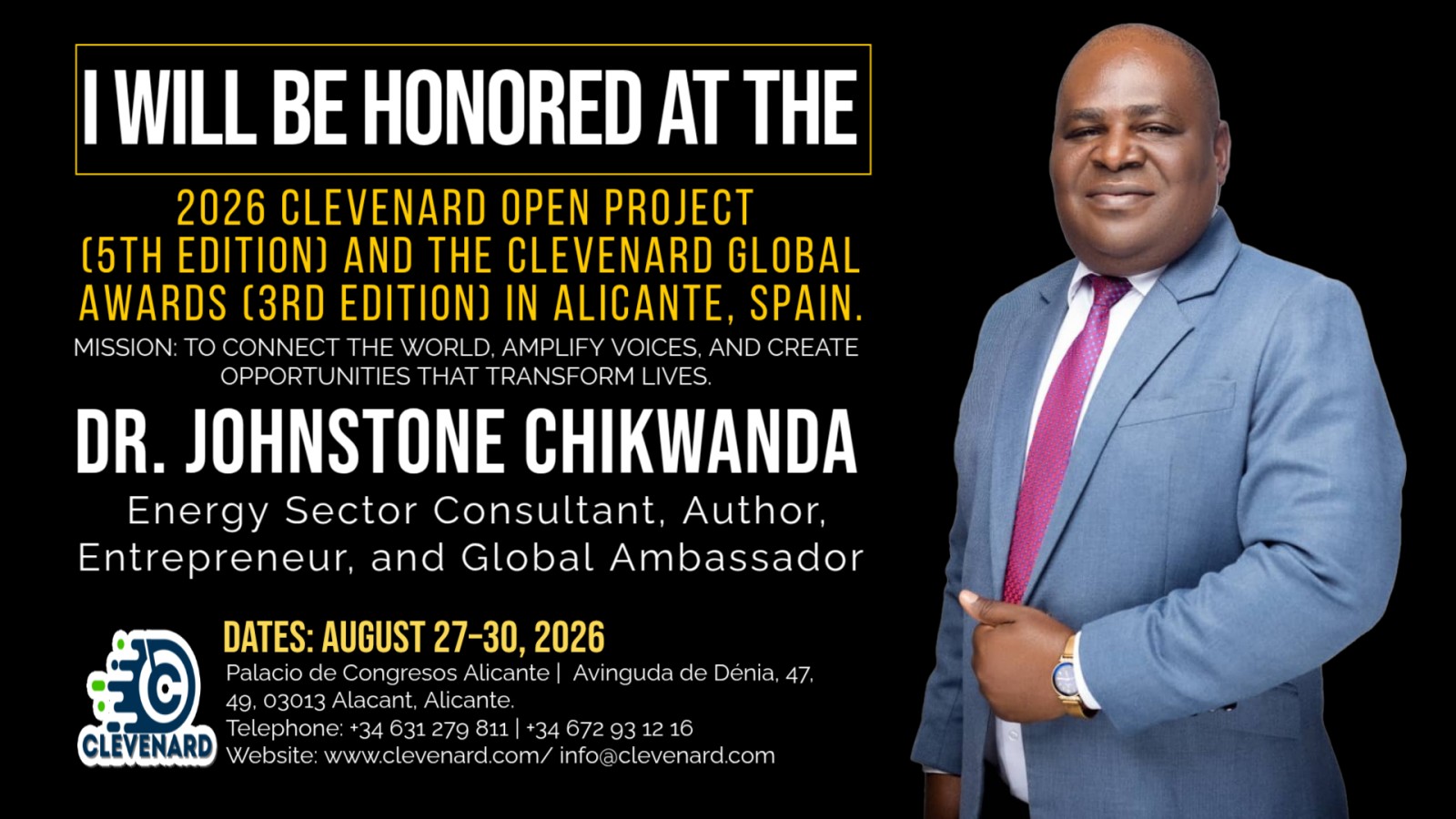 Clevenard to Honour Dr. Johnstone Chikwanda at the 2026 Clevenard Open Project & Global Awards in Alicante, Spain
