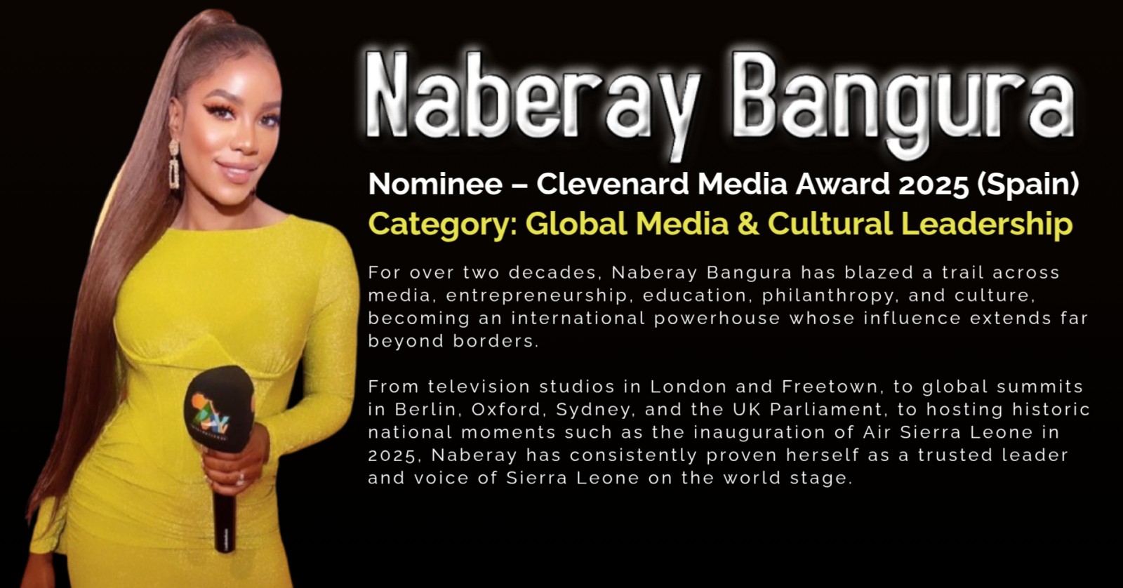 Naberay Bangura Nominated for Clevenard Media Award 2025 in the Category of Global Media & Cultural Leadership
