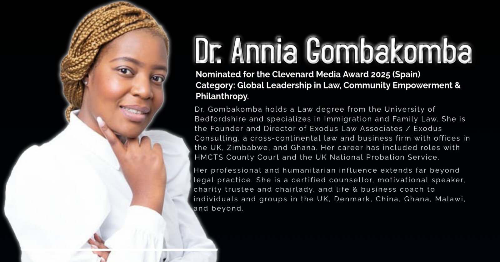 Dr. Annia Gombakomba Nominated for the Clevenard Media Award 2025 in the Category of Global Leadership in Law, Community Empowerment & Philanthropy