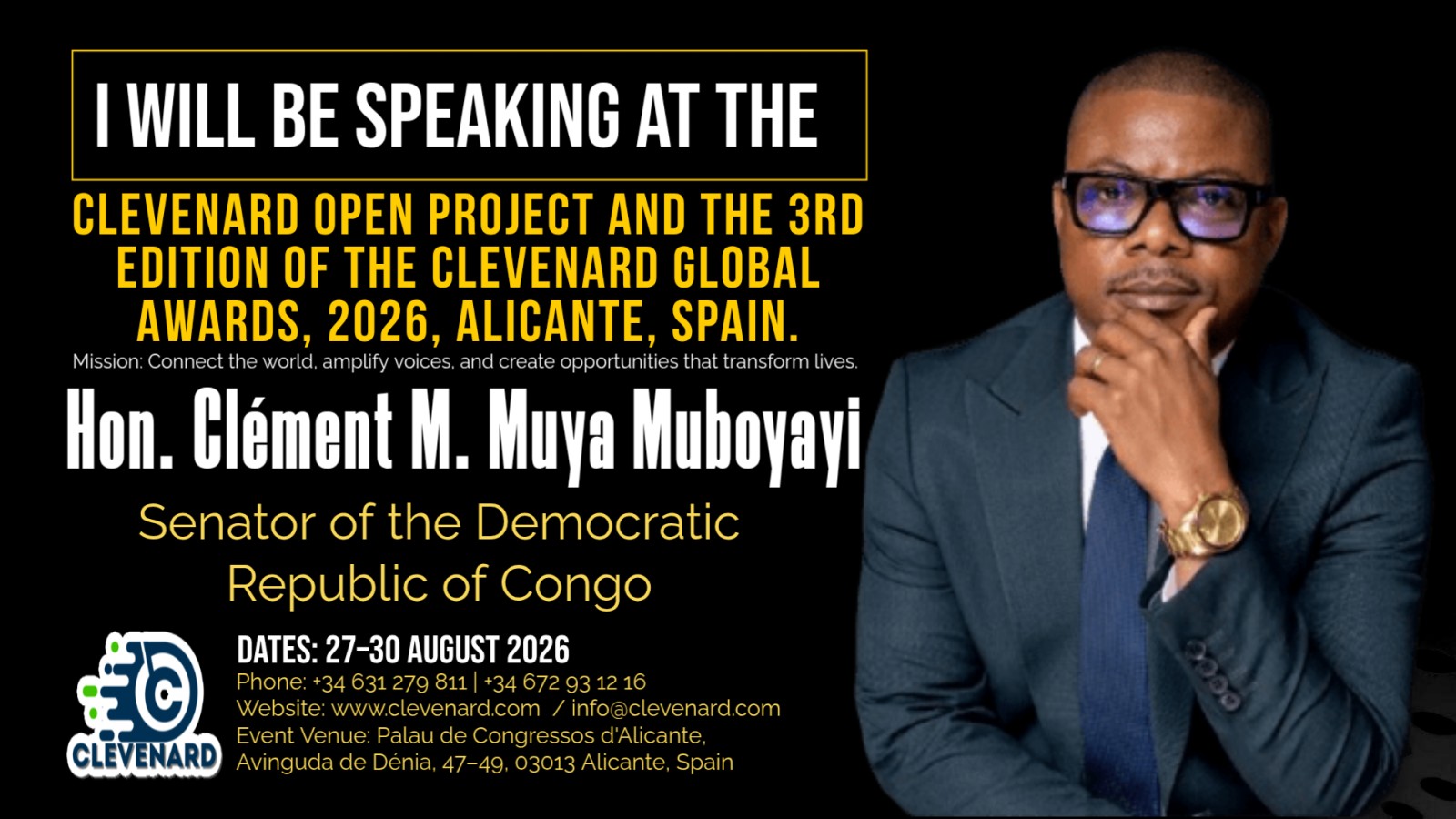 Clevenard to Honour Hon. Clément Muya Muboyayi, Serving Senator of the Democratic Republic of Congo, at the 2026 Clevenard Open Project 5th Edition and Clevenard Global Awards – 3rd Edition in Alicante, Spain