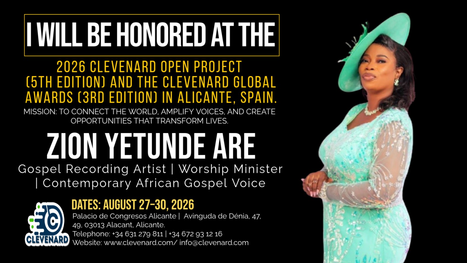 Clevenard to Honour Gospel Minister Zion Yetunde Are at the Clevenard Open Project 2026 & Clevenard Global Awards – 3rd Edition in Alicante, Spain