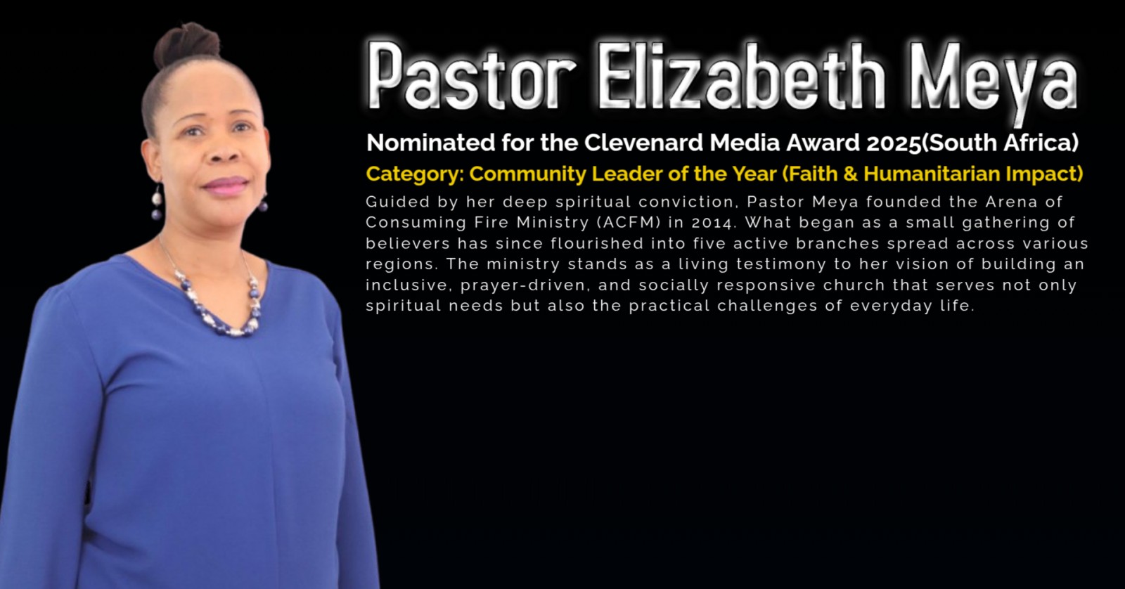 Pastor Elizabeth Meya Nominated for the Clevenard Media Award 2026 – Free State, South Africa