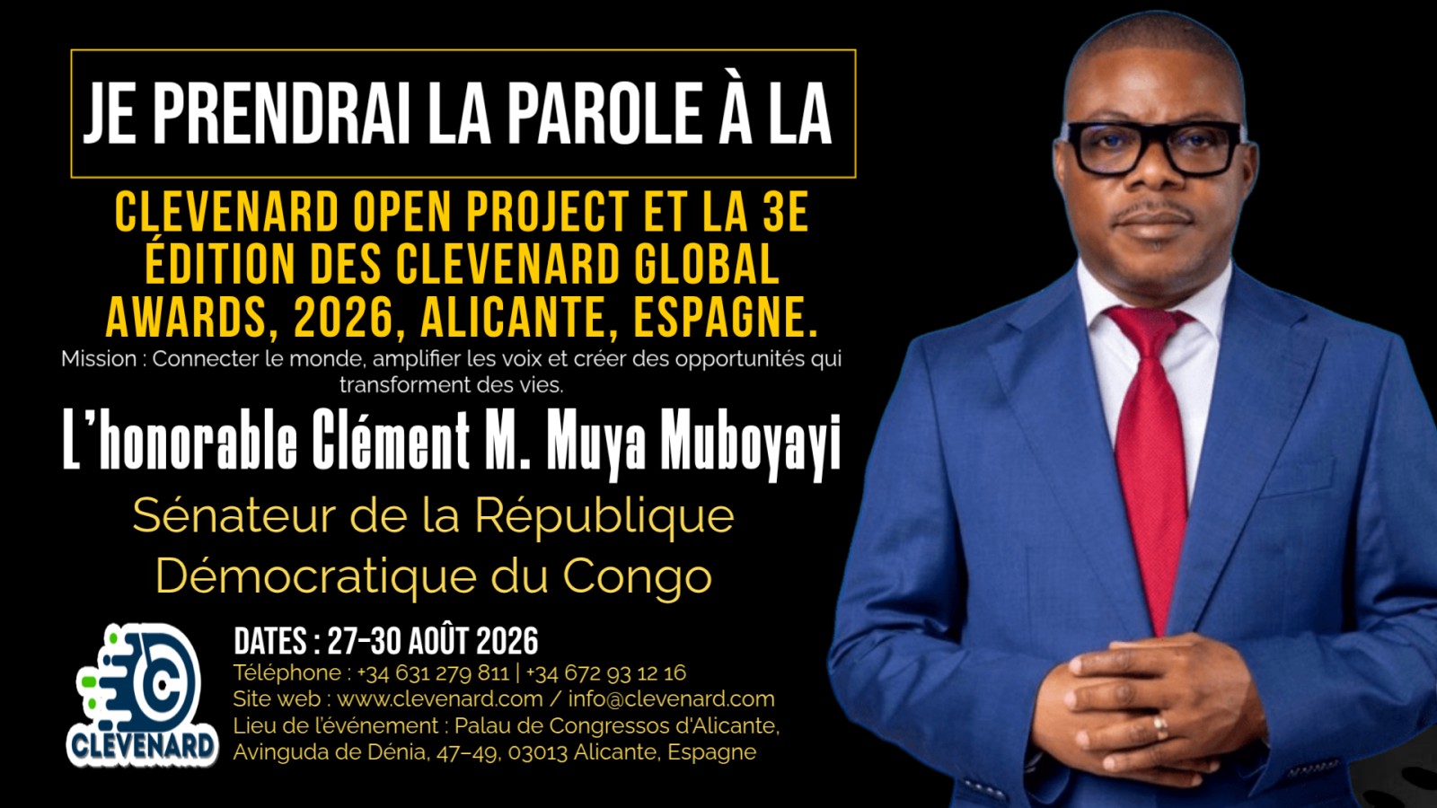 Clevenard rend hommage à l’Hon. Clément Muya Muboyayi, Sénateur en exercice de la République Démocratique du Congo, lors de la 5ᵉ édition du Clevenard Open Project 2026 et de la 3ᵉ édition des Clevenard Global Awards à Alicante, Espagne