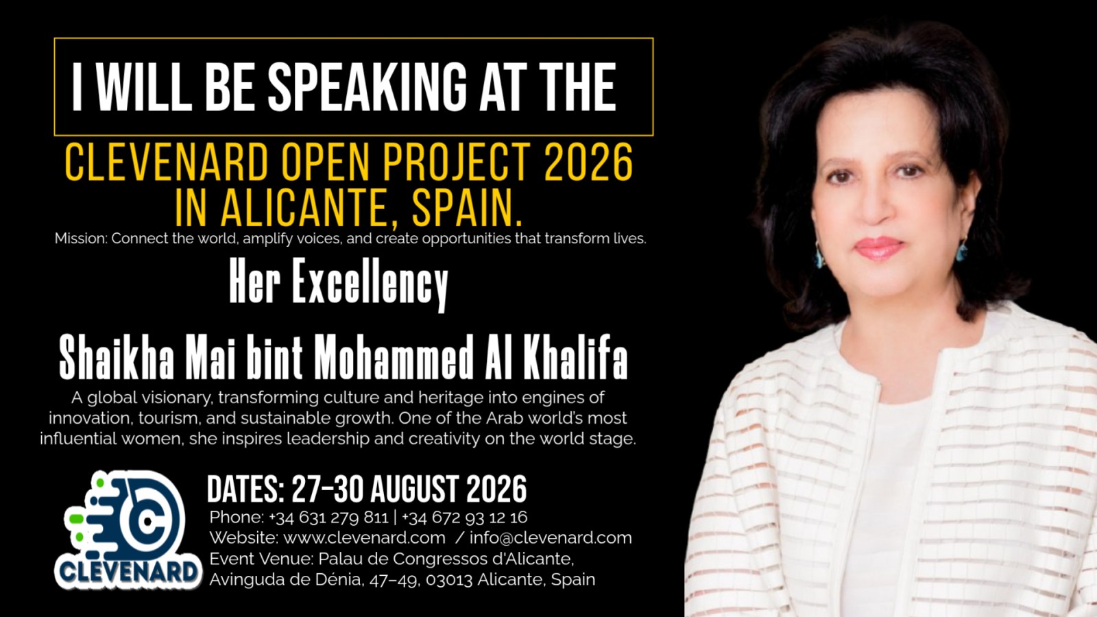 Her Excellency Shaikha Mai bint Mohammed Al Khalifa to Headline Clevenard Open Project 2026 in Alicante, Spain