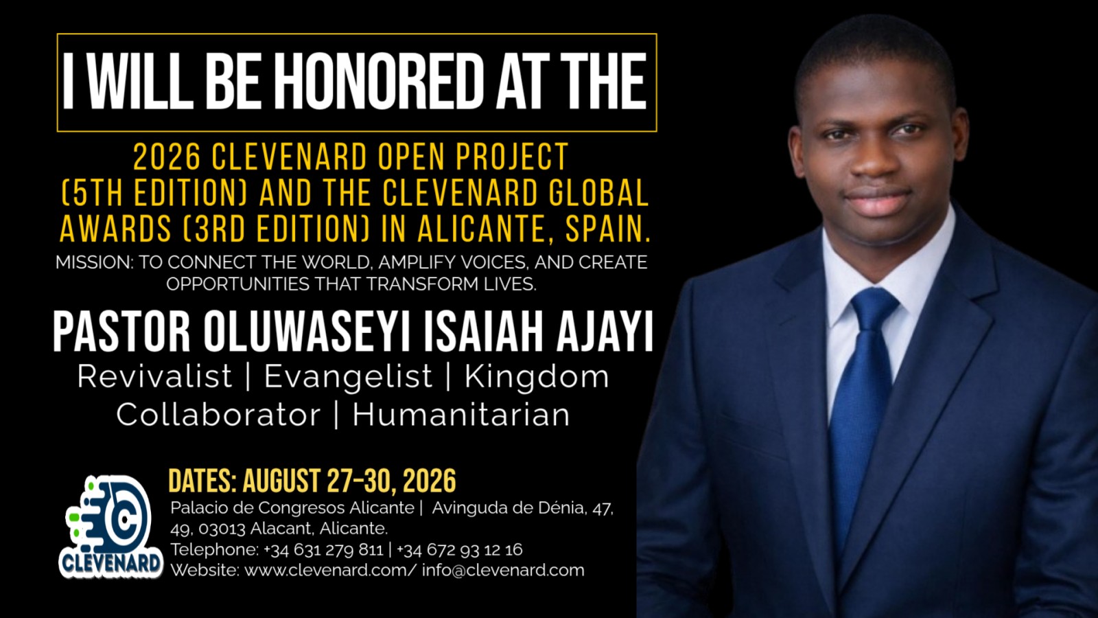 Clevenard to Honour Pastor Oluwaseyi Isaiah Ajayi at the 2026 Clevenard Open Project & Global Awards in Alicante, Spain