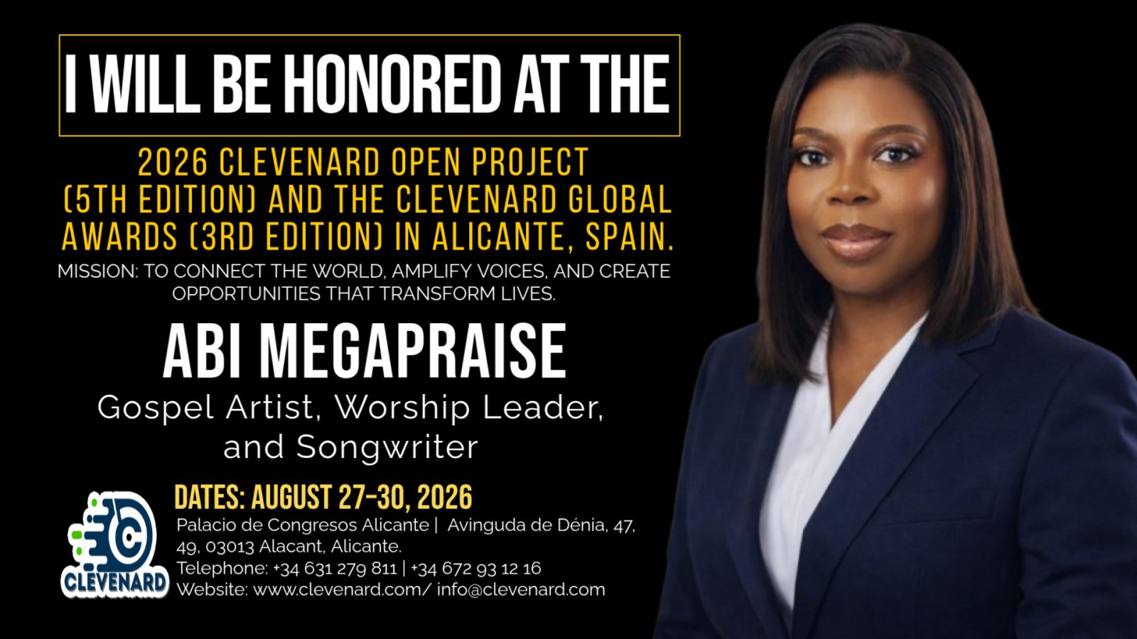 Clevenard to Honour Abi Megapraise at the 2026 Clevenard Open Project 5th Edition and Clevenard Global Awards – 3rd Edition in Alicante, Spain