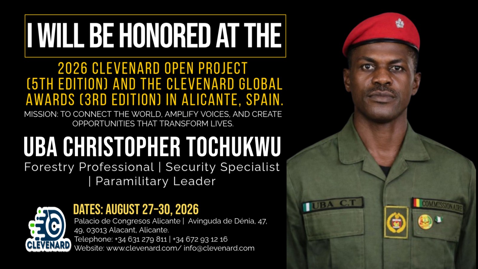 Clevenard to Honour Uba Christopher Tochukwu at the 2026 Clevenard Open Project & Global Awards in Alicante, Spain