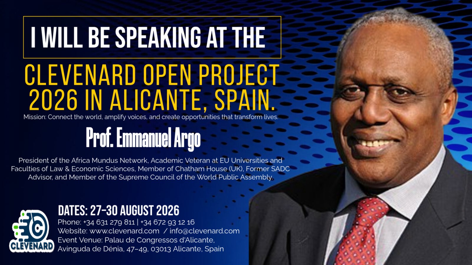 Prof. Emmanuel Argo to Speak at Clevenard Open Project 2026 – Alicante, Spain