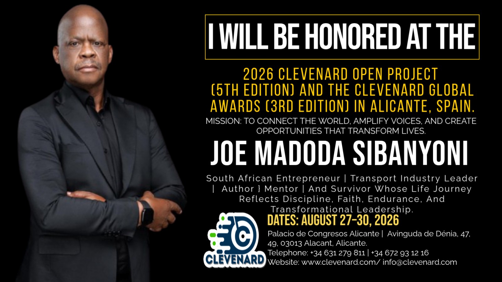 Clevenard to Honour Joe Madoda Sibanyoni at the 2026 Clevenard Open Project – 5th Edition & Clevenard Global Awards – 3rd Edition in Alicante, Spain