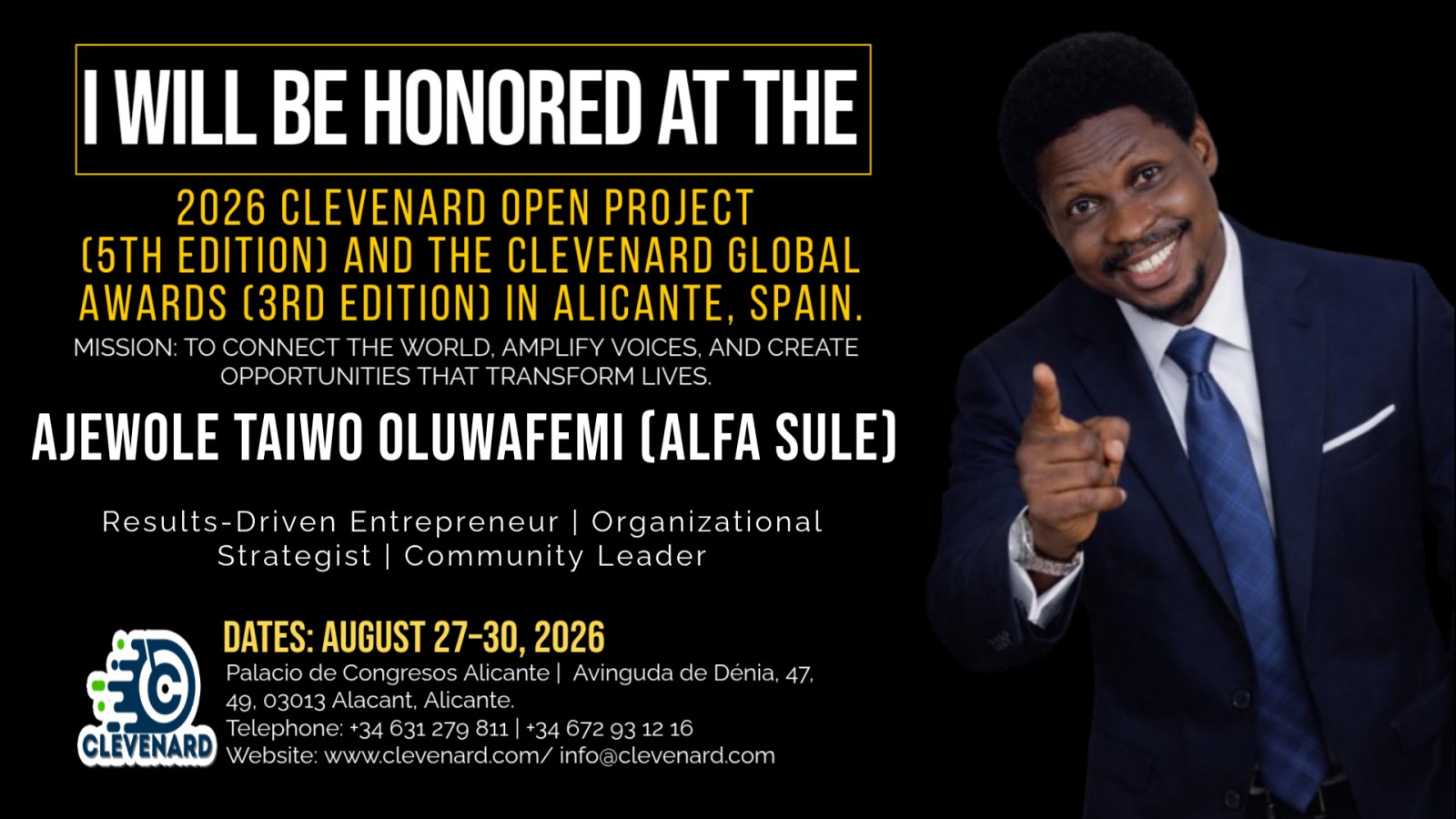 Clevenard to Honour AJEWOLE TAIWO OLUWAFEMI (ALFA SULE) at 2026 Clevenard Open Project & Global Awards in Alicante, Spain