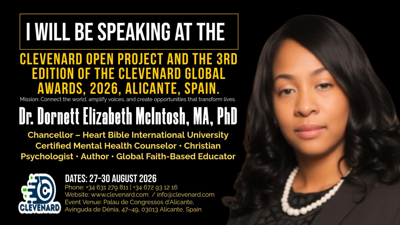 Clevenard to Honour Dr. Dornett Elizabeth McIntosh, MA, PhD, at the 2026 Clevenard Open Project – 5th Edition & Clevenard Global Awards – 3rd Edition in Alicante, Spain