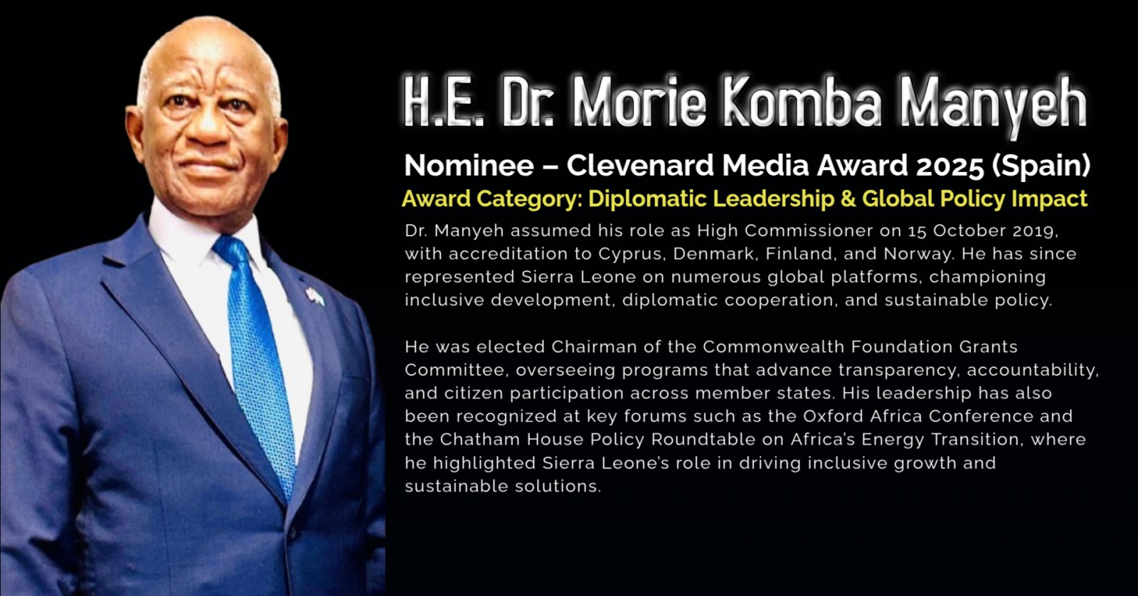 H.E. Dr. Morie Komba Manyeh Nominated for the Clevenard Media Award 2025
