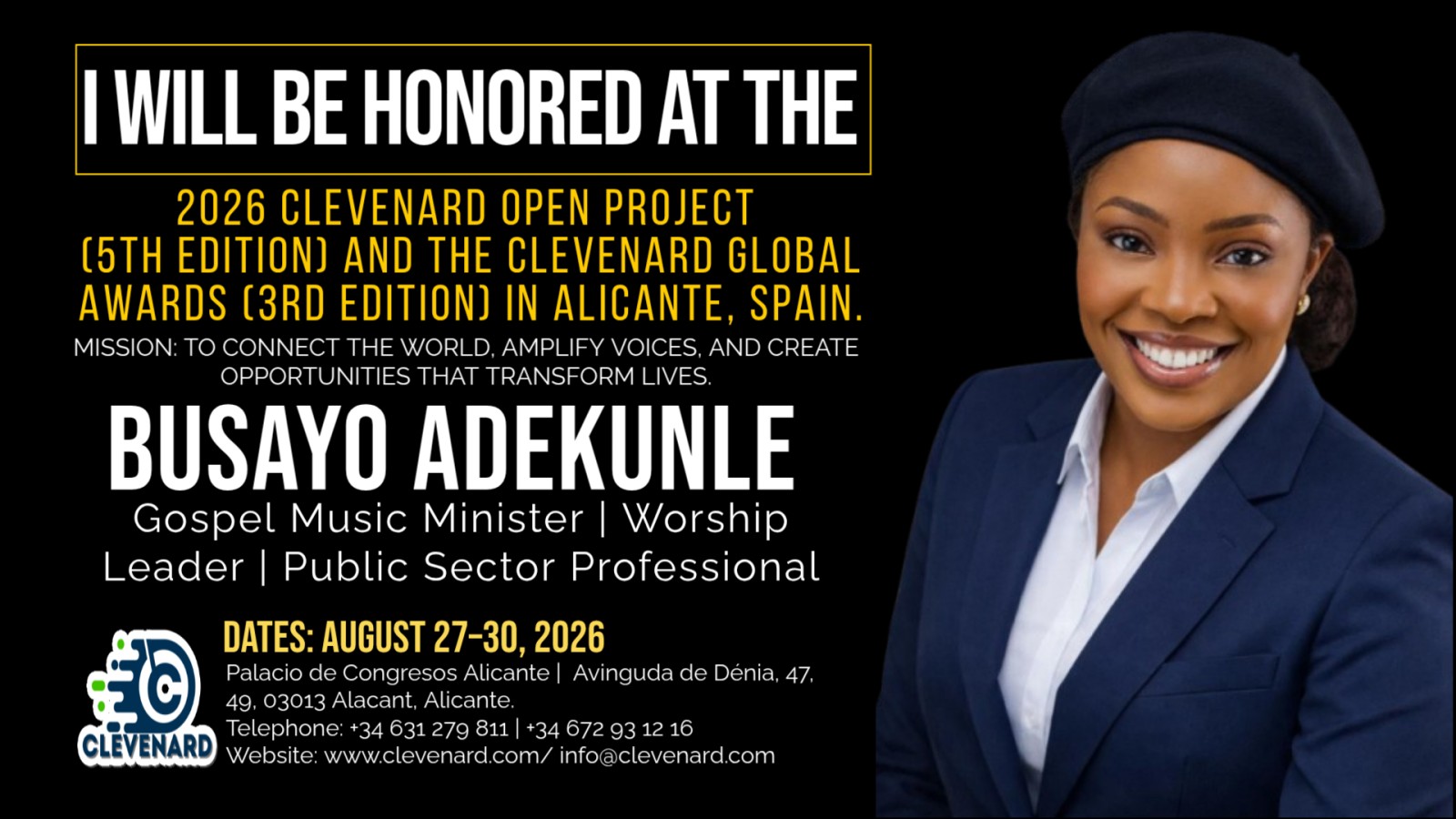 Clevenard to Honour Busayo Adekunle at the 2026 Clevenard Open Project & Global Awards in Alicante, Spain