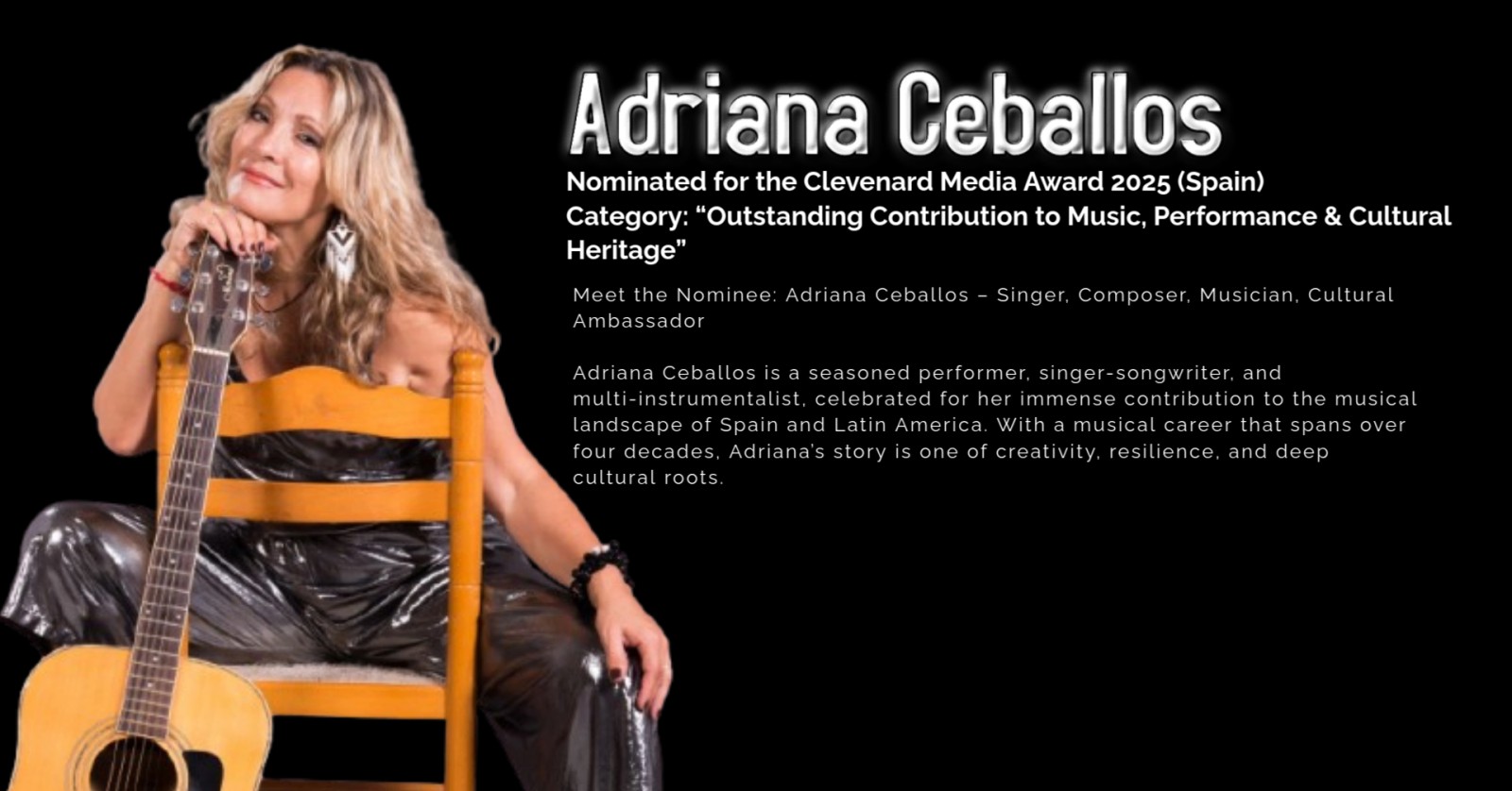 Adriana Ceballos Nominated for Clevenard Media Award 2025 in the Category: “Outstanding Contribution to Music, Performance & Cultural Heritage”
