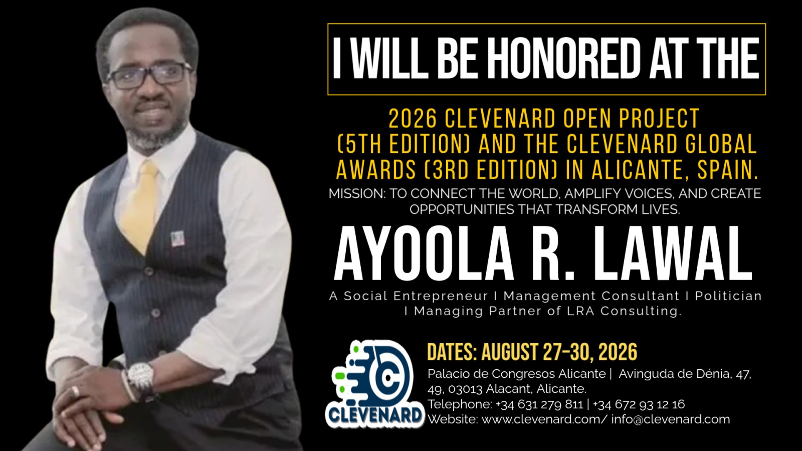 Clevenard to Honour Ayoola R. Lawal at the 2026 Clevenard Open Project & Clevenard Global Awards in Alicante, Spain
