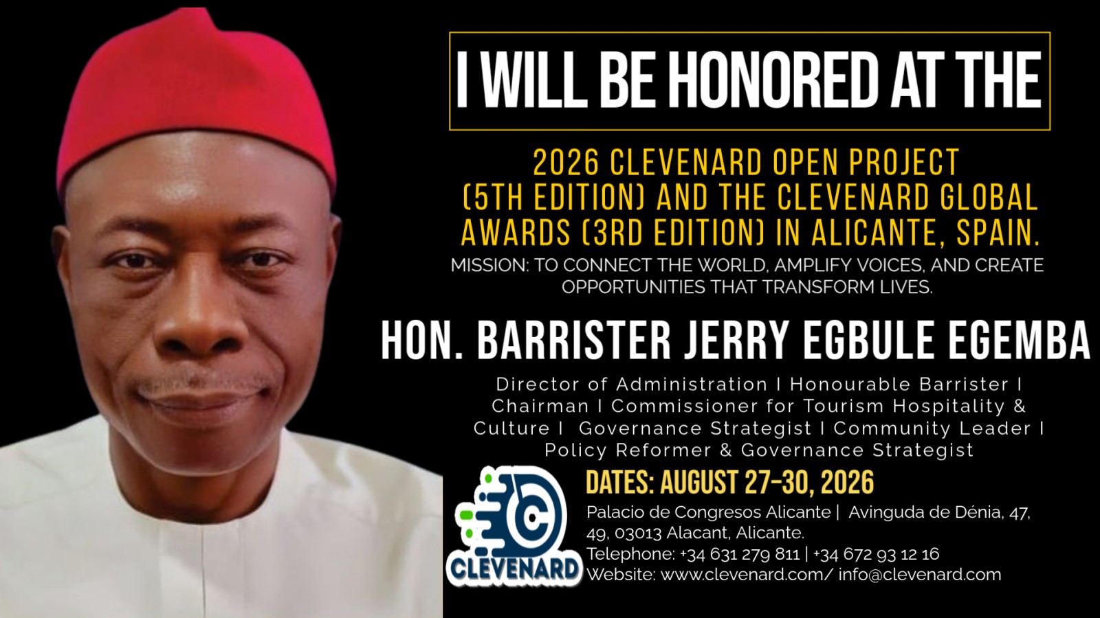 Clevenard to Honour Hon. Barrister Jerry Egbule Egemba at the 2026 Clevenard Open Project & Clevenard Global Awards in Alicante, Spain
