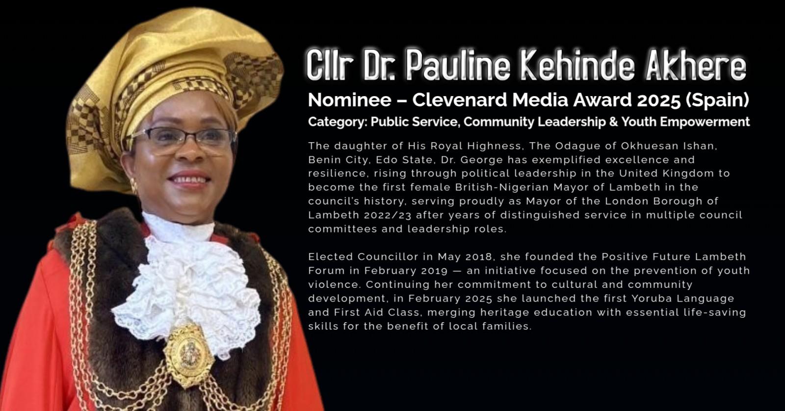Cllr Dr. Pauline Kehinde Akhere George  nominee – Clevenard Media Award 2025