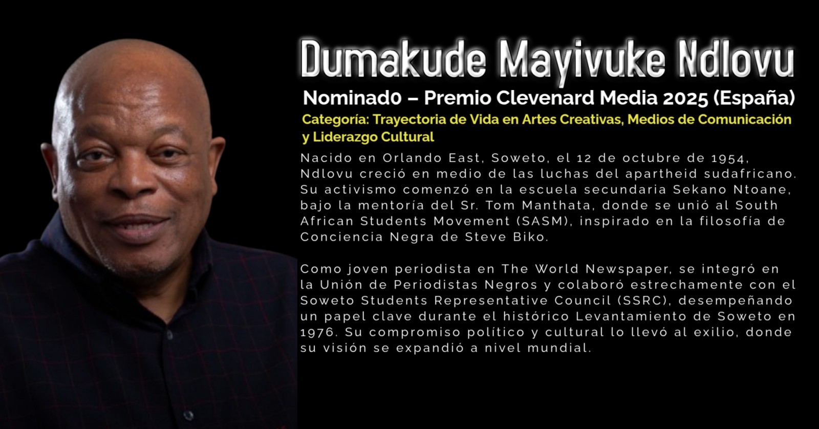 Dumakude Mayivuke Ndlovu Nominado al Clevenard Media Award 2025