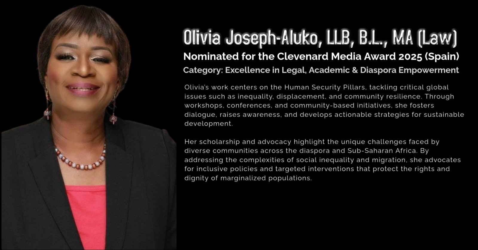 Olivia Joseph-Aluko, LLB, B.L., MA (Law), Nominated for the Clevenard Media Award 2025 in Palma de Mallorca, Spain