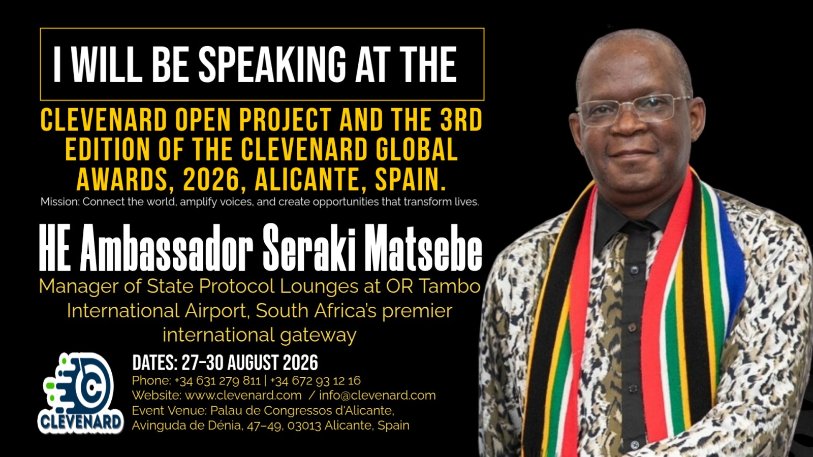 Clevenard to Honour HE Ambassador Seraki Matsebe at the 2026 Clevenard Open Project & Clevenard Global Awards in Alicante, Spain