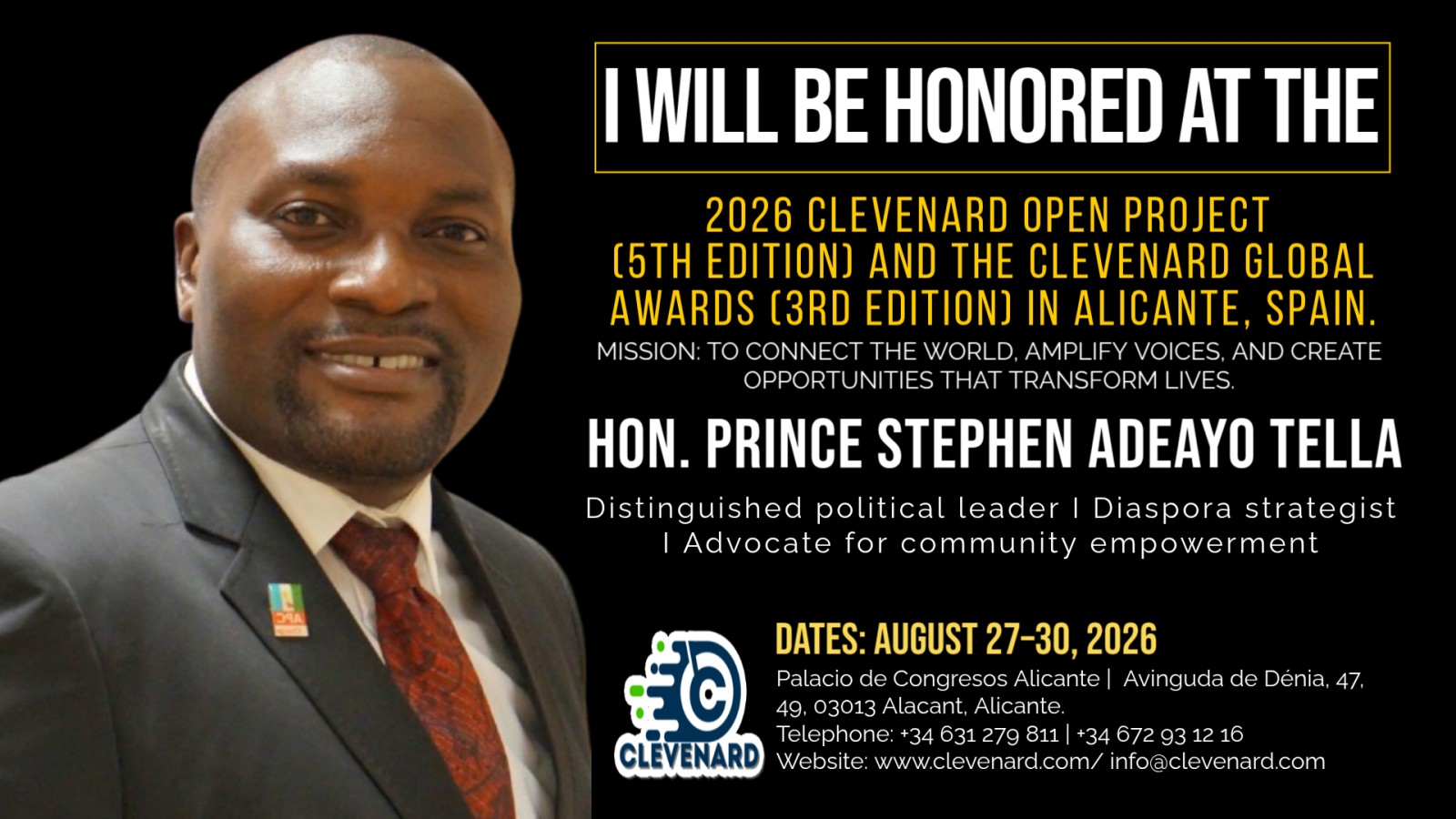 Clevenard to Honour Hon. Prince Stephen Adeayo Tella at Clevenard Open Project 2026 & Clevenard Global Awards in Alicante, Spain