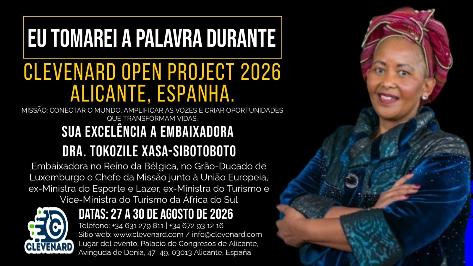 Sua Excelência a Embaixadora Dra. Tokozile Xasa-Sibotoboto será a principal oradora do Clevenard Open Project 2026 em Alicante, Espanha