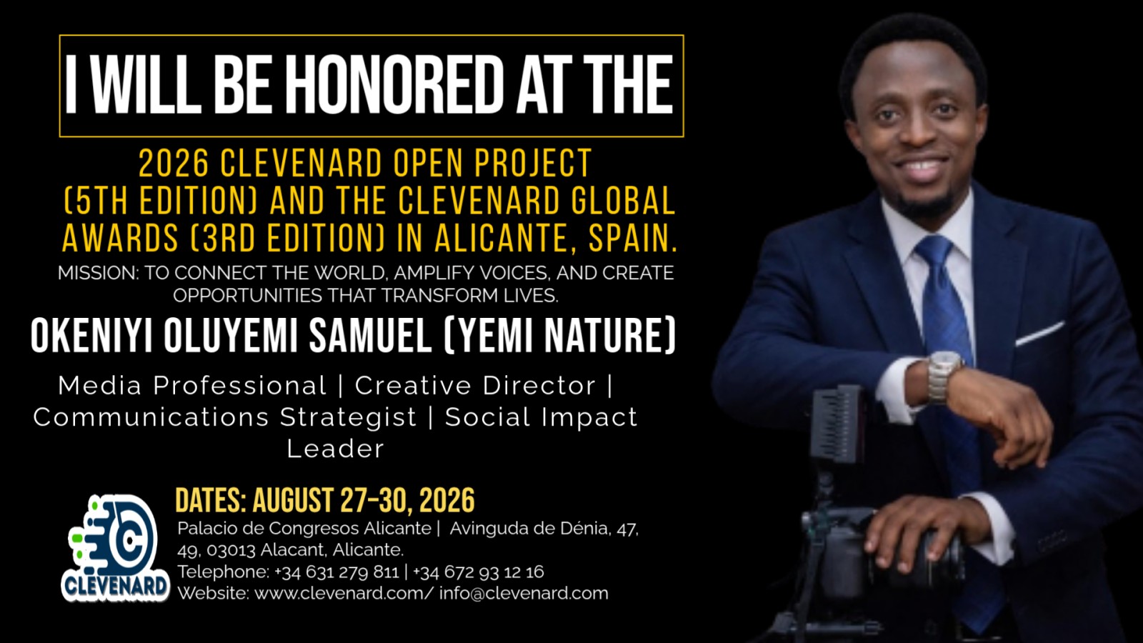 Clevenard to Honour OKENIYI OLUYEMI SAMUEL (YEMI NATURE) at the 2026 Clevenard Open Project & Global Awards in Alicante, Spain