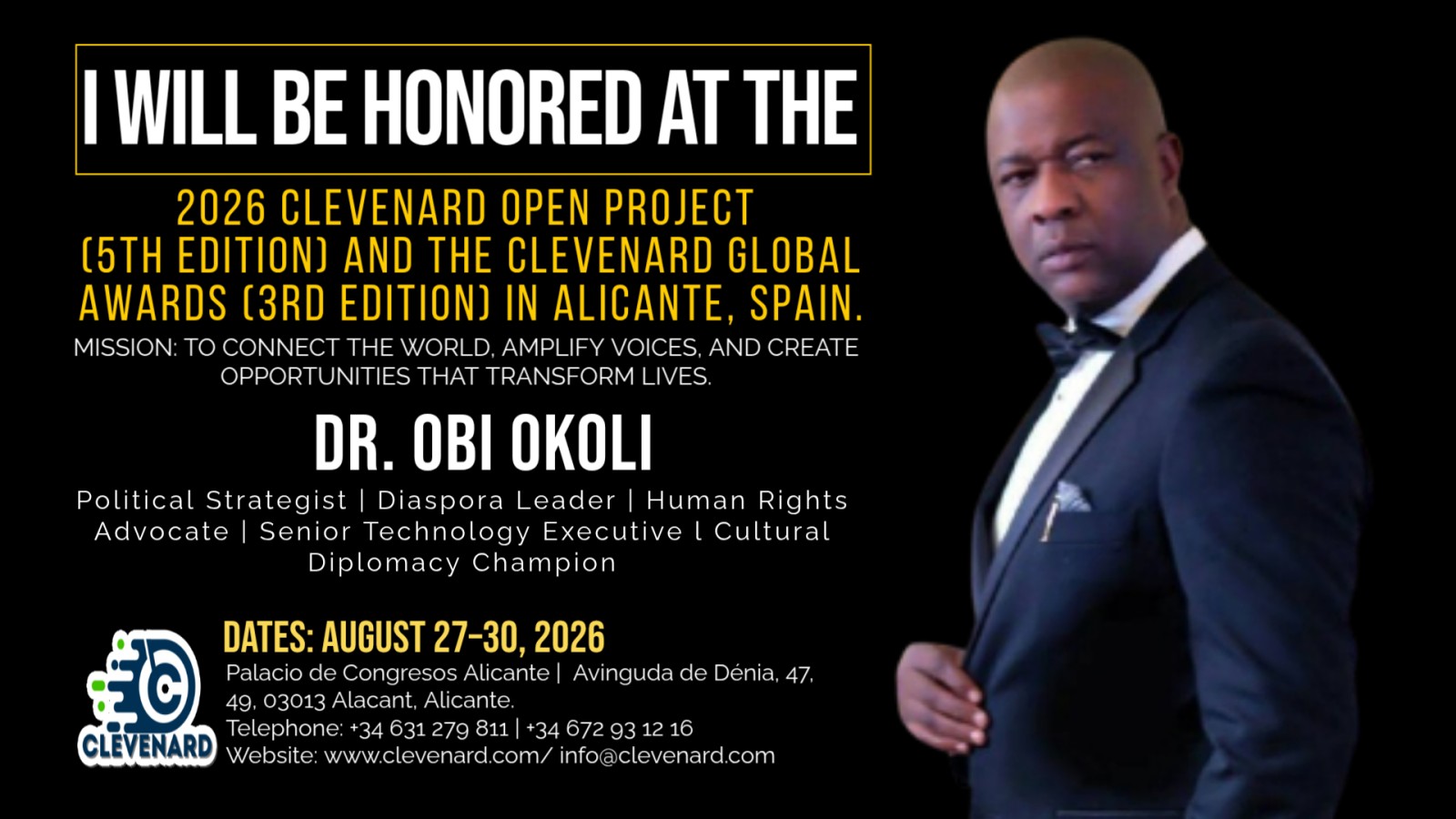 Clevenard to Honour Dr. Obi Okoli at the 2026 Clevenard Open Project 5th Edition & Clevenard Global Awards – 3rd Edition in Alicante, Spain