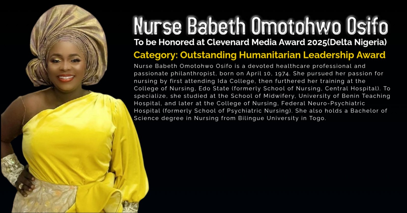 Asaba to Host the Prestigious Clevenard Media Award 2025 – Celebrating African Excellence, and to Honour Nurse Babeth Omotohwo Osifo