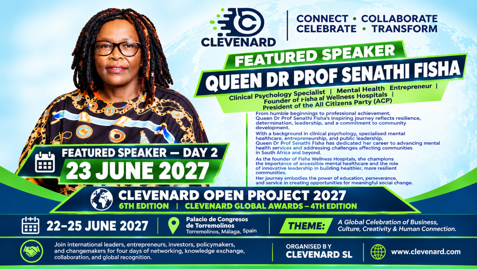 CLEVEnARD ANNOUNCES QUEEN DR. PROF SENATHI FISHA AS A FEATURED SPEAKER AT THE 2027 CLEVEnARD OPEN PROJECT AND 4TH EDITION OF THE CLEVEnARD GLOBAL AWARDS IN TORREMOLINOS, MÁLAGA, SPAIN