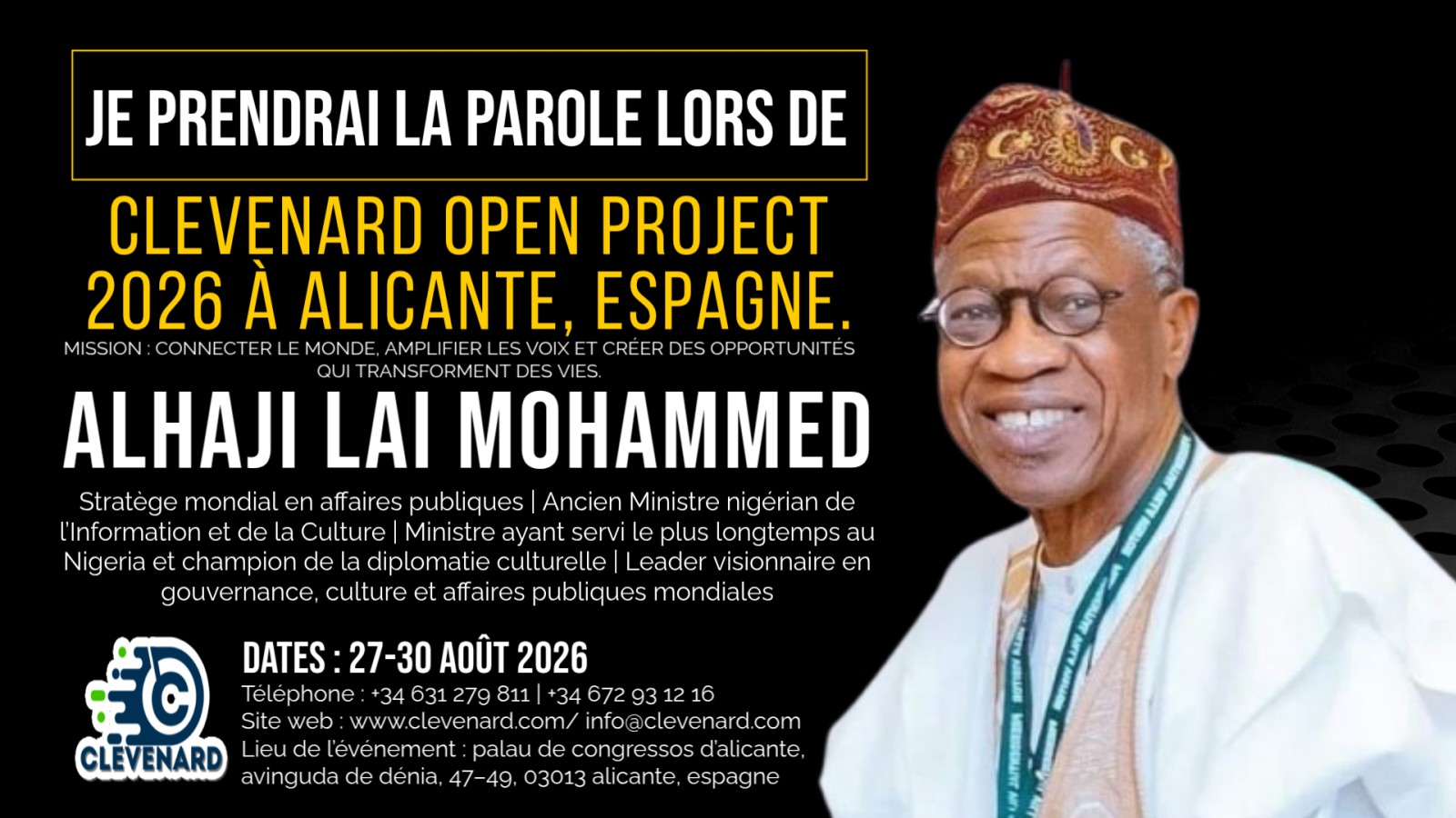 Alhaji Lai Mohammed será el conferencista principal del Clevenard Open Project 2026 en Alicante, España