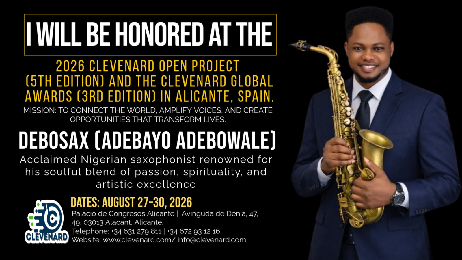 Clevenard to Honour Debosax (Adebayo Adebowale) at 2026 Clevenard Open Project & Global Awards in Alicante, Spain