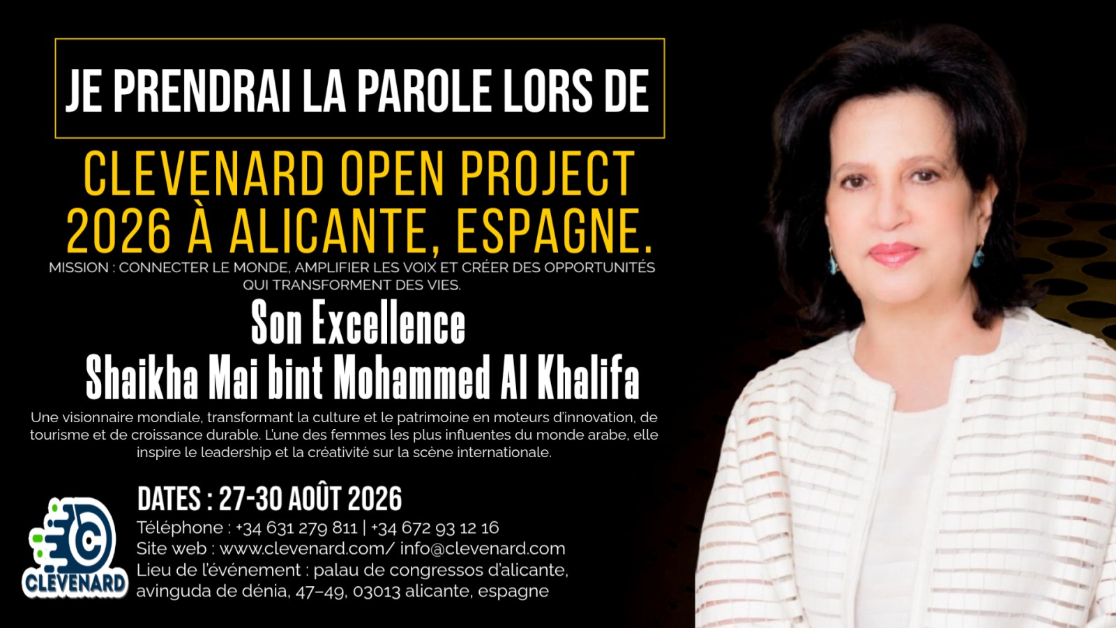 Son Excellence Shaikha Mai bint Mohammed Al Khalifa sera à l’honneur du Clevenard Open Project 2026 à Alicante, Espagne