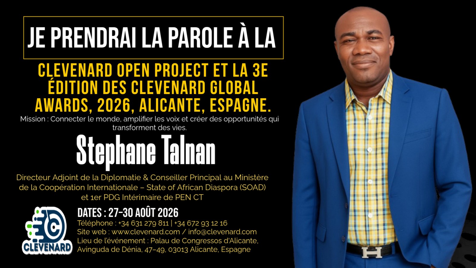 Clevenard honorera Stephane Talnan lors du Clevenard Open Project 2026 – 5ᵉ Édition et des Clevenard Global Awards – 3ᵉ Édition à Alicante, en Espagne