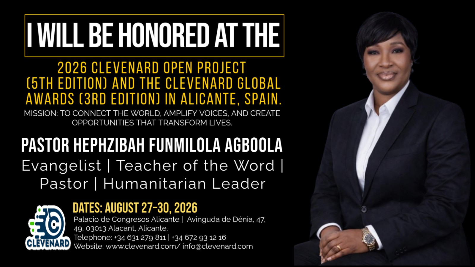 Clevenard to Honour Pastor Hephzibah Funmilola Agboola at Clevenard Open Project 2026 & Clevenard Global Awards 2026 – Alicante, Spain
