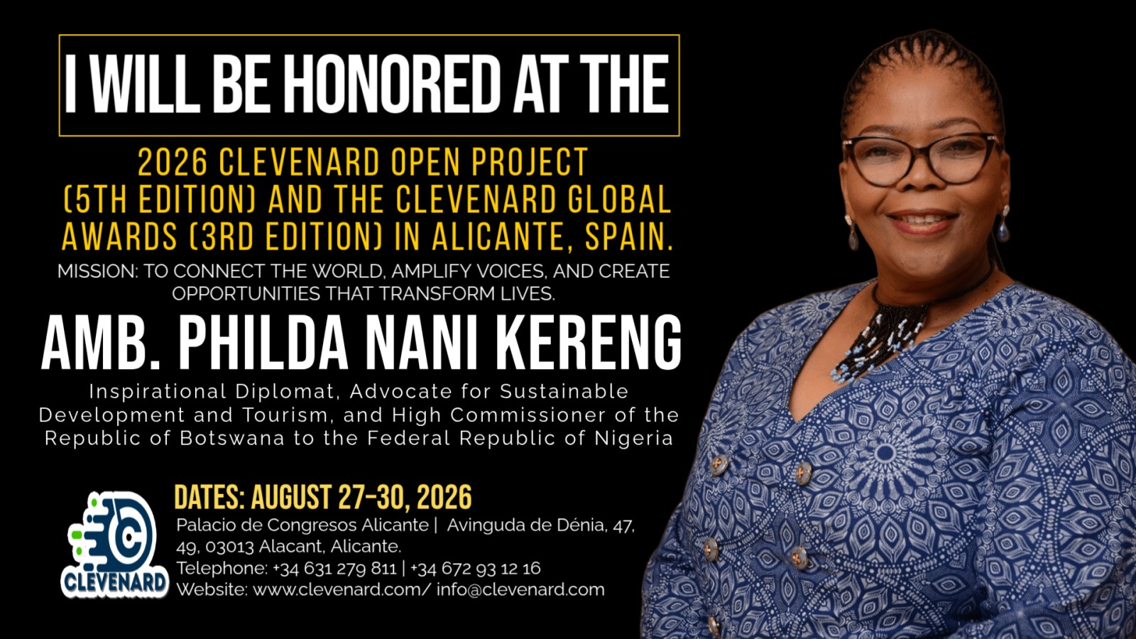 Clevenard to Honour Amb. Philda Nani Kereng at the 2026 Clevenard Open Project & Clevenard Global Awards in Alicante, Spain