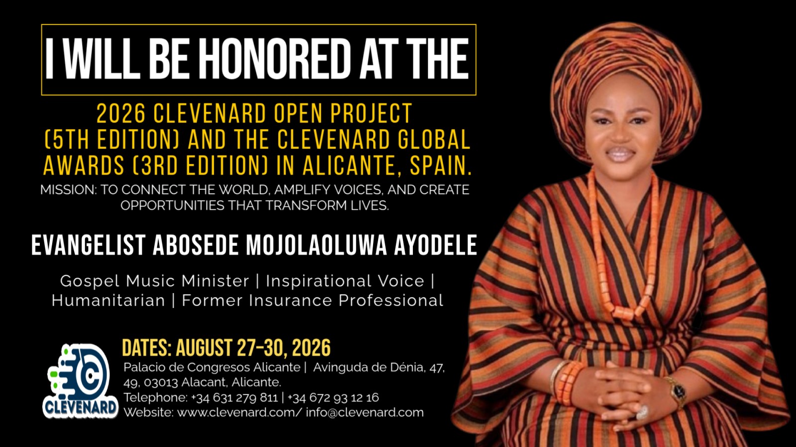 Clevenard to Honour Evangelist Abosede Mojolaoluwa Ayodele at the 2026 Clevenard Open Project & Global Awards in Alicante, Spain