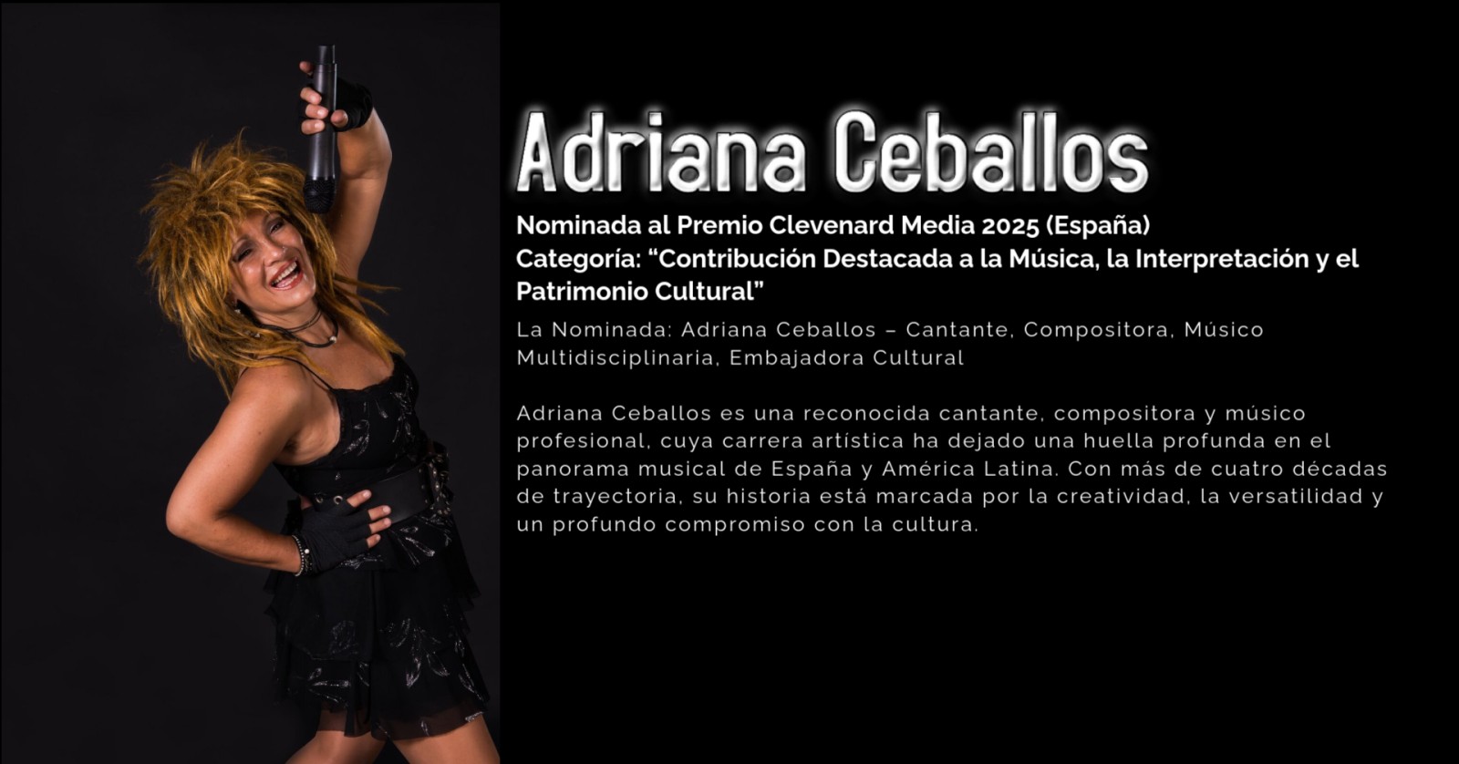 Adriana Ceballos nominada al Premio Clevenard Media 2025 en la categoría: “Contribución Destacada a la Música, la Interpretación y el Patrimonio Cultural”